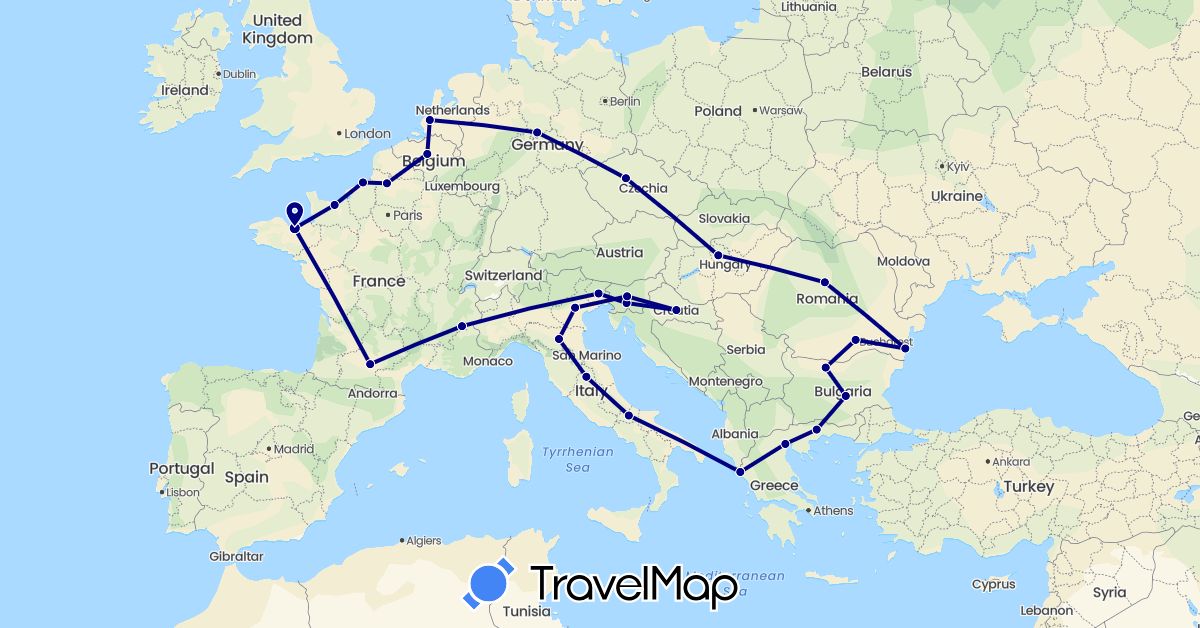 TravelMap itinerary: driving in Belgium, Bulgaria, Czech Republic, Germany, France, Greece, Croatia, Hungary, Italy, Netherlands, Romania, Slovenia (Europe)
